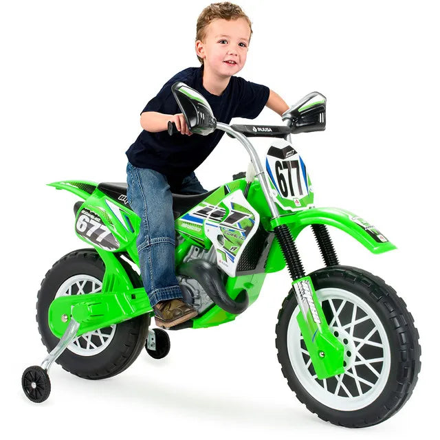 Injusa - Motocicleta eléctrica infantil Cross CR | Motocicleta a batería para niños de 3 a 6 años | Batería de 6V | Acelerador en el puño | Bandas de goma EVA en las ruedas | Ruedines estabilizadores | Velocidad máxima 6 km/h | Verde y
