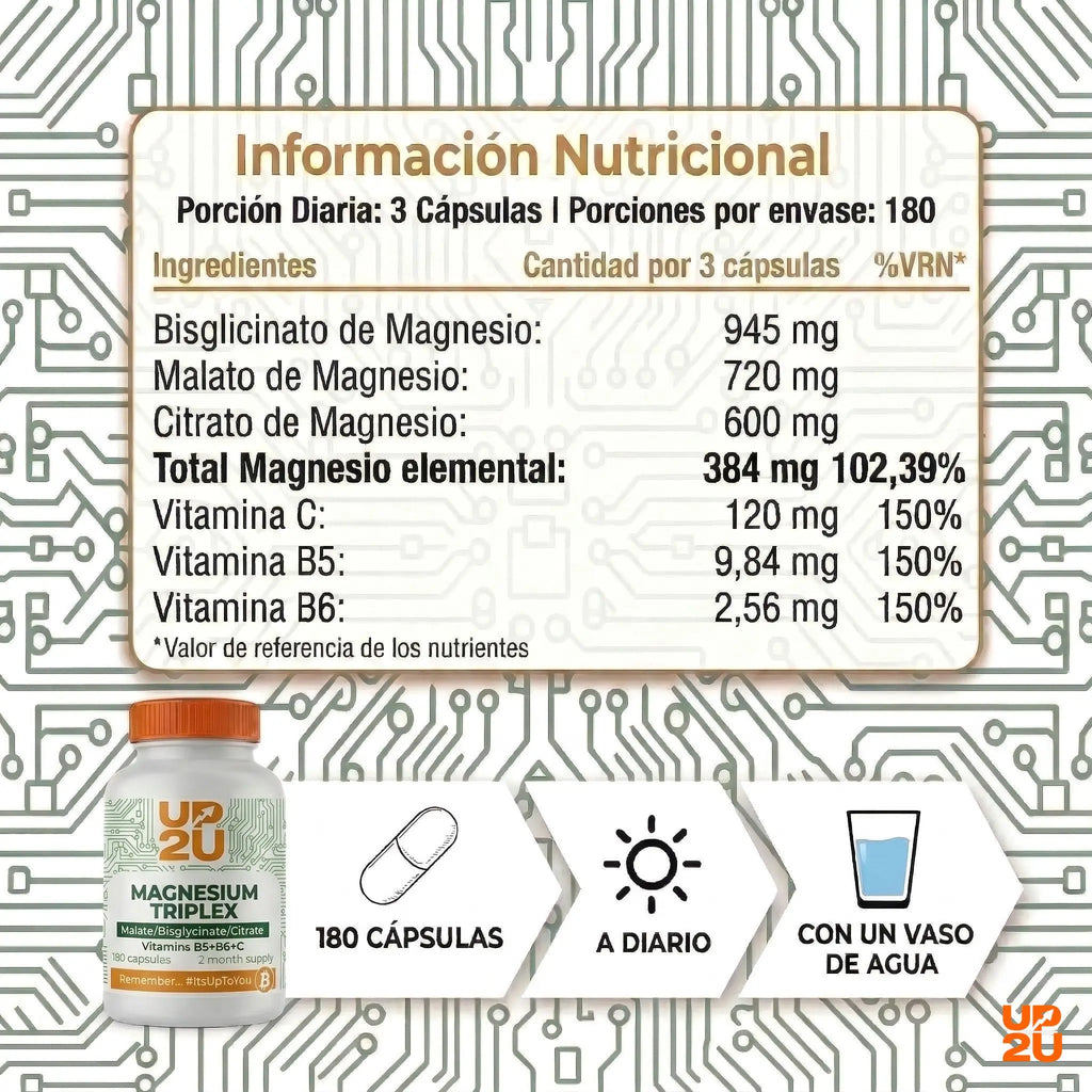 Magnesio Triplex con Malato, Bisglicinato y Citrato, Vitaminas B5, B6 y C, UP2U Nutrition, 180 Cápsulas, 2 Meses de Suministro