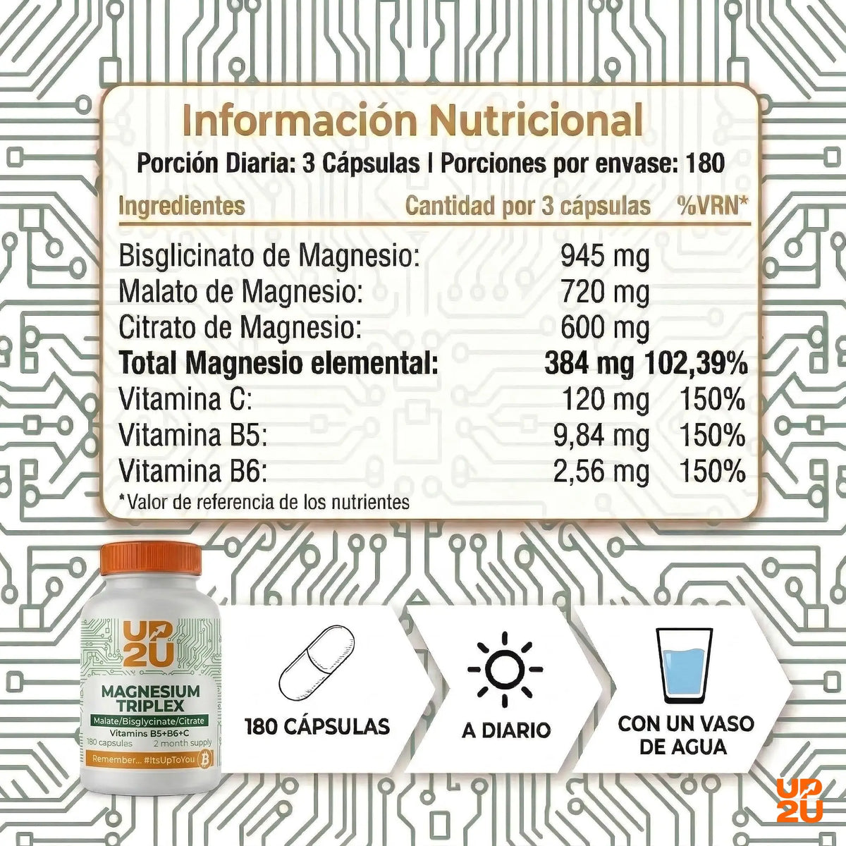Magnesio Triplex con Malato, Bisglicinato y Citrato, Vitaminas B5, B6 y C, UP2U Nutrition, 180 Cápsulas, 2 Meses de Suministro