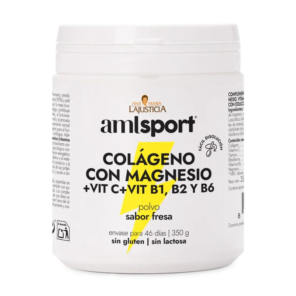 Amlsport® Colágeno con Magnesio, Vitamina C y Complejo B, Sabor Fresa, 350 g - Suplemento Alimenticio para el Cuidado de Articulaciones, Huesos y Músculos