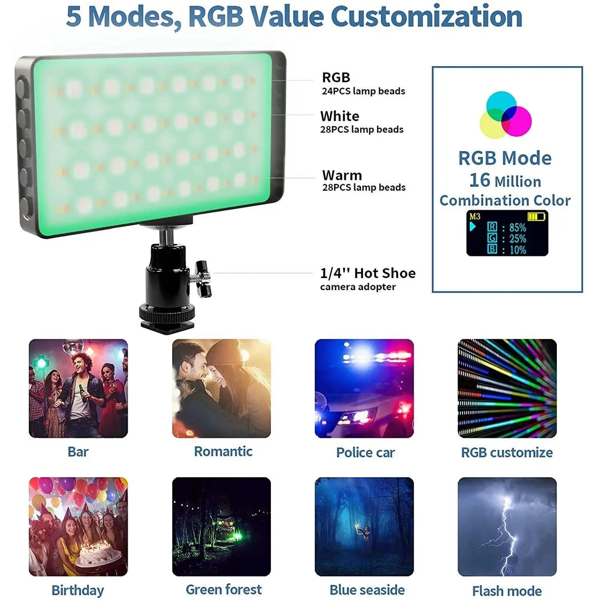 Luz de Video LED RGB con batería de 4000 mAh, Luz de Cámara RGB Recargable CRI95 + 2500K-8500K  y 8 Efectos de Luz Regulables con Pantalla LCD Adaptador de Zapata Fría para Grabación de Videoconferencia