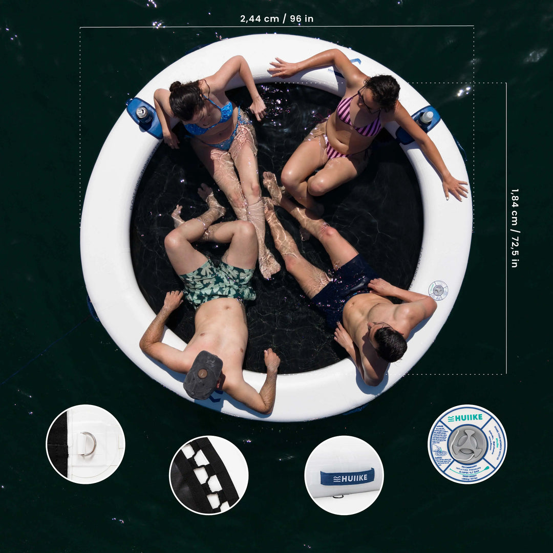 HUIIKE Anillo Hinchable de 2,44 m para 4 Personas y hasta 280 kg con Accesorios Incluidos, Inflador, Ancla de Arena, 2 Soportes para Bebida y Mochila. Plataforma Flotante para Adultos y Niños