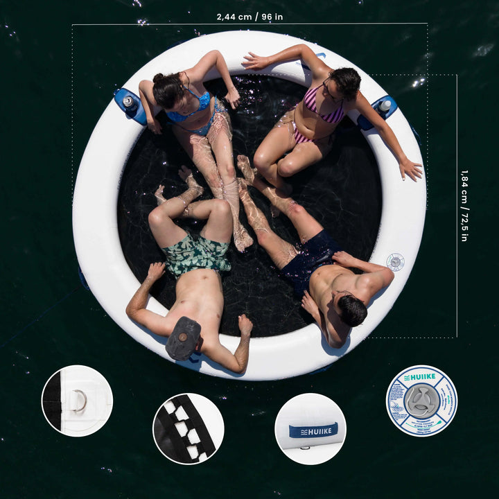 HUIIKE Anillo Hinchable de 2,44 m para 4 Personas y hasta 280 kg con Accesorios Incluidos, Inflador, Ancla de Arena, 2 Soportes para Bebida y Mochila. Plataforma Flotante para Adultos y Niños