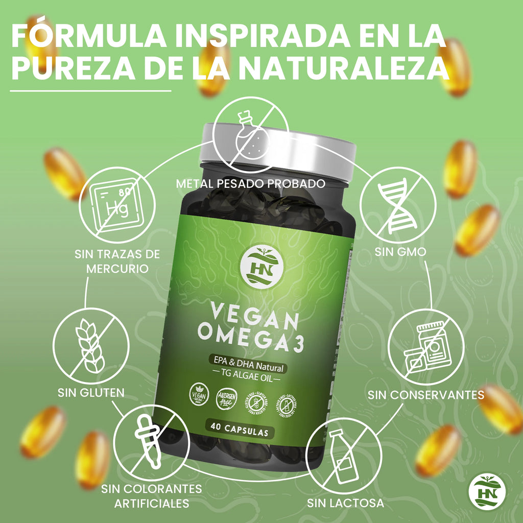 HN Healthy Nutrition Omega 3 Vegano (Aceite de Algas) EPA & DHA - 40 Cápsulas Blandas - Complemento Alimenticio