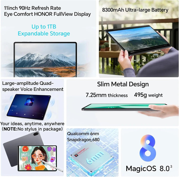 Tableta - HONOR Pad X8a WiFi, Space Gray, Relaja tu vista en 11 pulgadas con una fluidez total  Pantalla FullView HONOR｜8300mAh  Batería ultra grande｜Gran sonido  Disfruta de sus cuatro altavoces