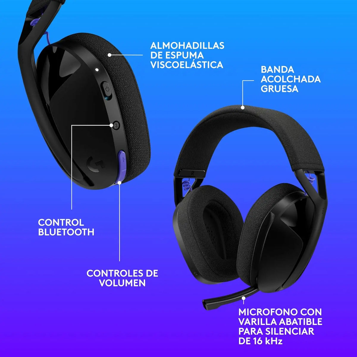 Auriculares inalámbricos para juegos Logitech G321 Lightspeed negros con Bluetooth 5.2, transductores de 40 mm, 20 horas de duración de batería, diseño ligero, micrófono con función de silencio abatible para PC, PS5 y Nintendo Switch.