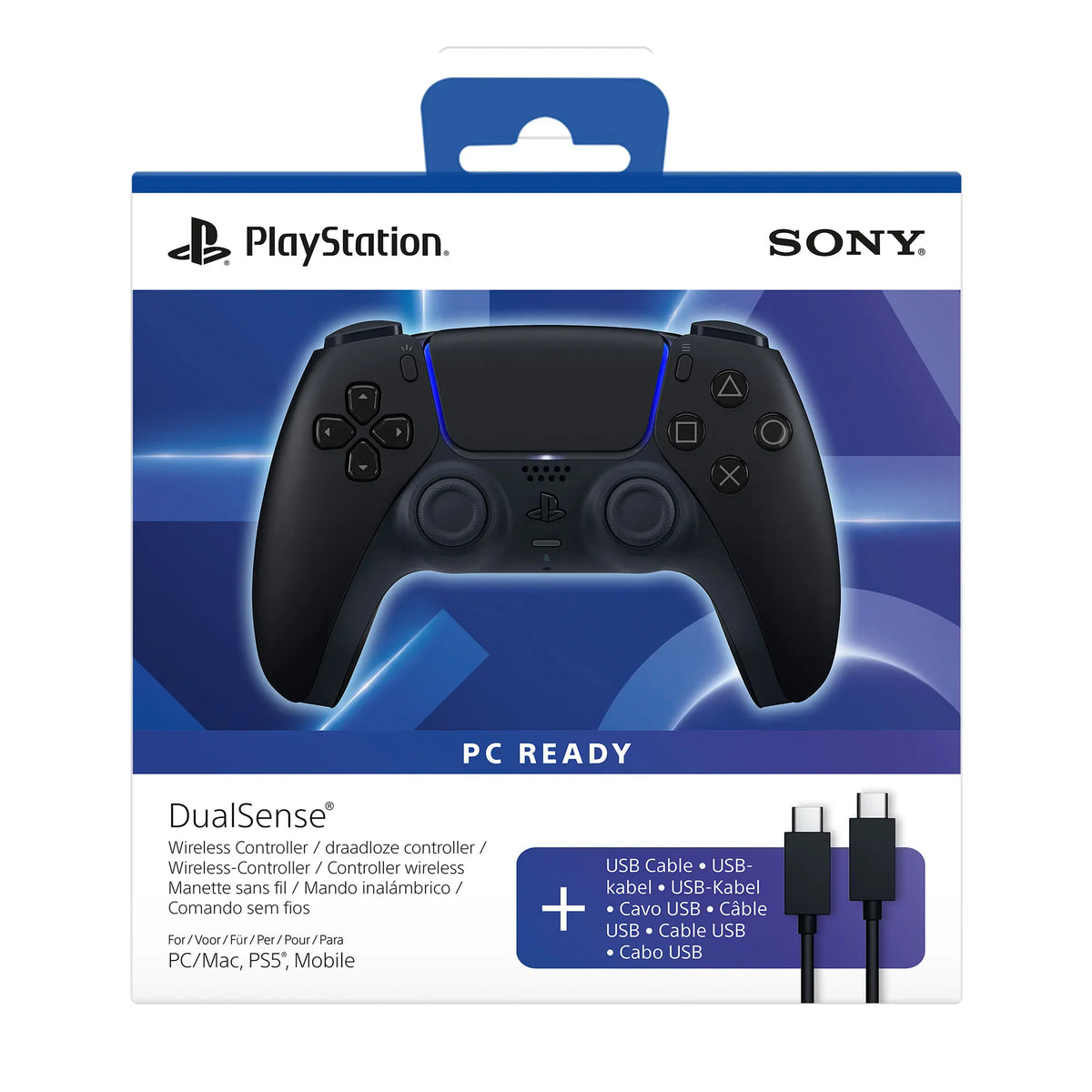 DualSense Midnight Black Wireless Controller for PS5/PC/MAC with USB-C Cable, featuring haptic feedback and adaptive triggers for immersive gaming experiences, compatible with various devices, lightweight design.