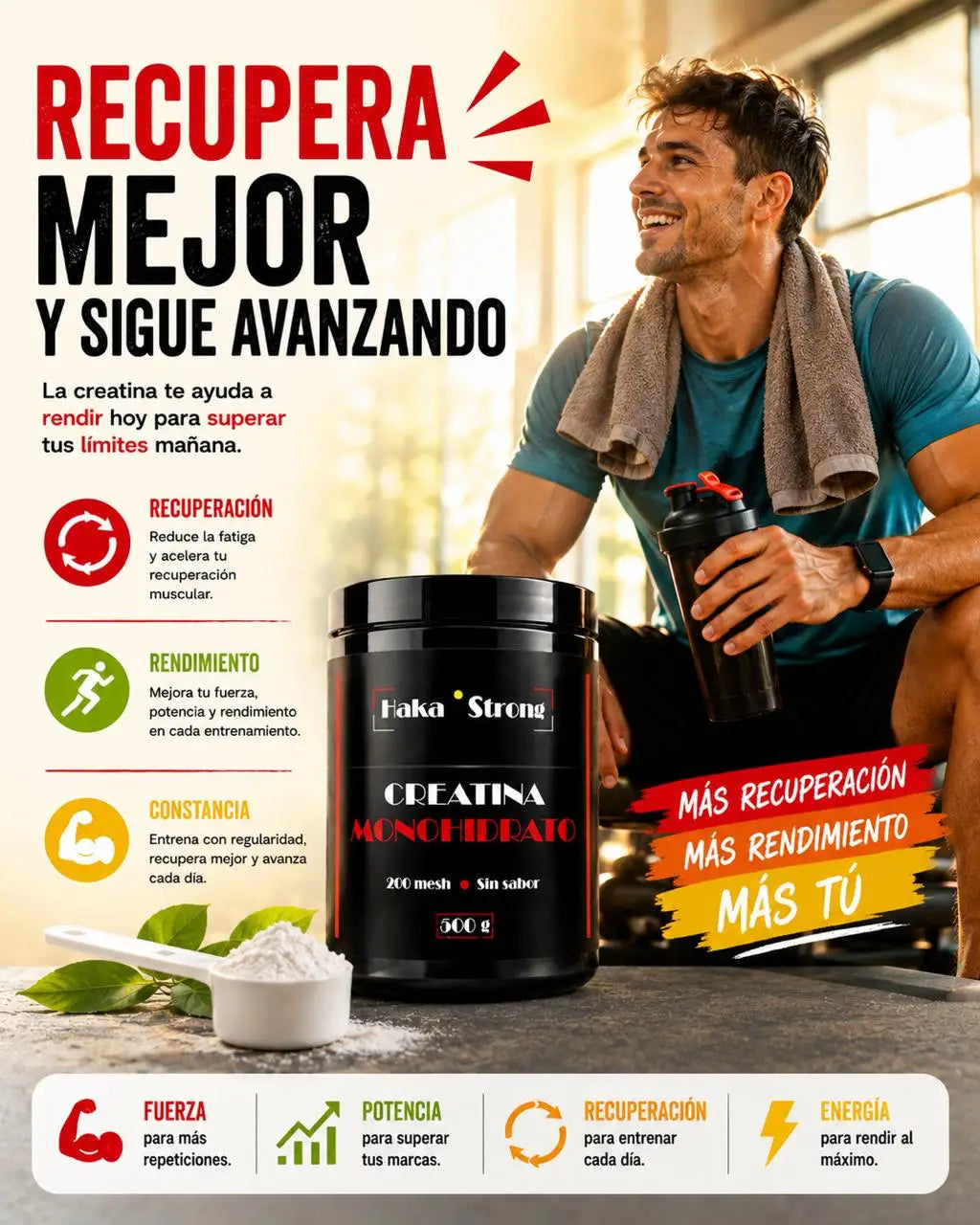 Creatina Monohidrato Haka Strong 500 g - 200 Mesh - 166 servicios (5-6 Meses) - Incluye Dosificador - Fácil Disolución - Apta para Veganos. PROMOCIÓN DE LANZAMIENTO. UNIDADES LIMITADAS.