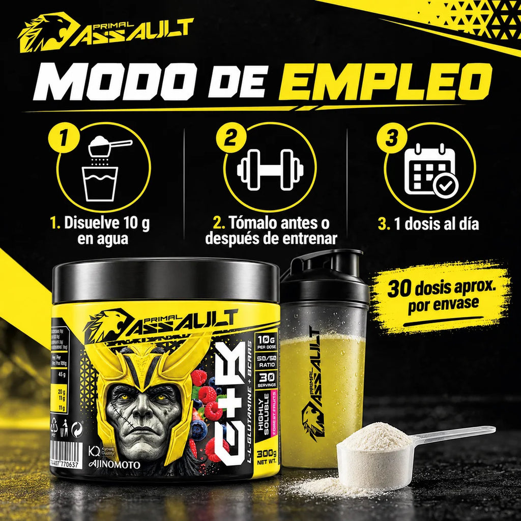 PRIMAL ASSAULT | BOTELLA L-Glutamina + BCAA en Polvo, 300 g, Frutos del Bosque