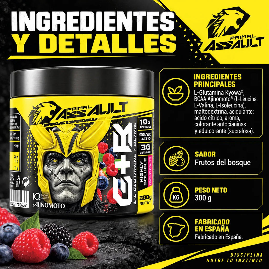 PRIMAL ASSAULT | BOTELLA L-Glutamina + BCAA en Polvo, 300 g, Frutos del Bosque