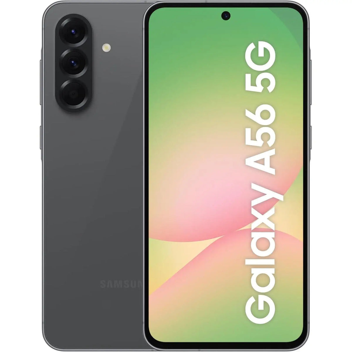 Smartphone Samsung Galaxy A56 5G con 8 GB de RAM y 128 GB de almacenamiento, con cámara principal de 50 MP y cámara frontal de 12 MP en color Awesome Graphite, diseño elegante, conectividad 5G y certificado CE para su uso en España.