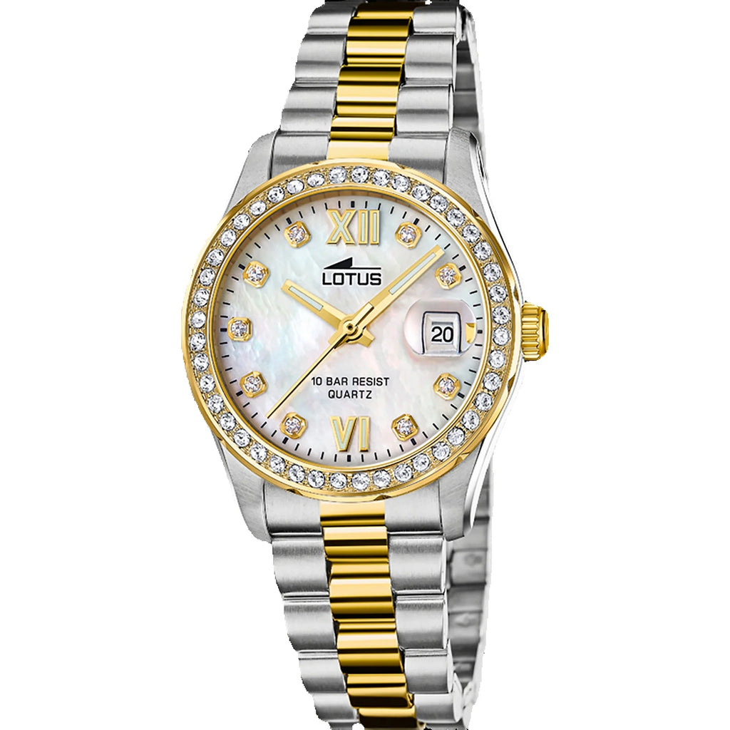 Lotus Women's Watch Bicolor - Stainless Steel, Mother of Pearl Dial with Zircon Stones, Water Resistant 10ATM, 32.50mm Diameter, Freedom Collection, Elegant Design.