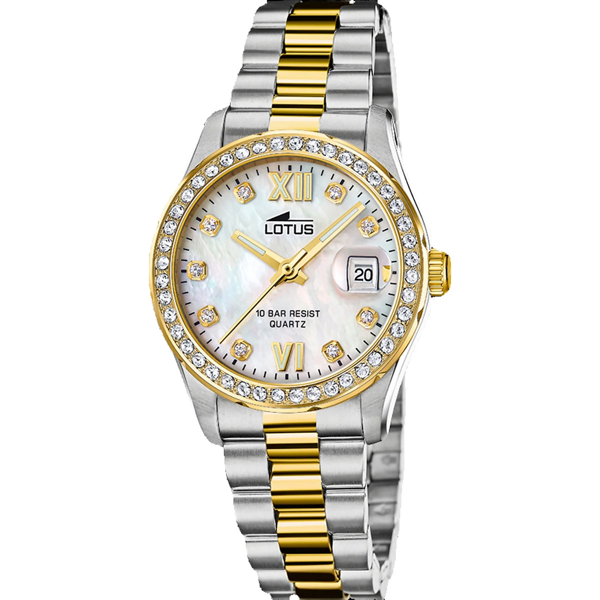 Reloj Lotus para mujer bicolor: acero inoxidable, esfera de nácar con circonitas, resistente al agua 10ATM, diámetro de 32,50 mm, colección Freedom, diseño elegante.