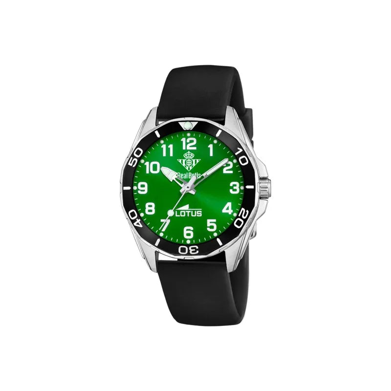 Reloj oficial Lotus para mujer Real Betis, esfera verde con logotipo, caja de acero inoxidable de 36 mm, correa de silicona negra, resistente al agua 5 ATM, perfecto para mostrar el espíritu de equipo.