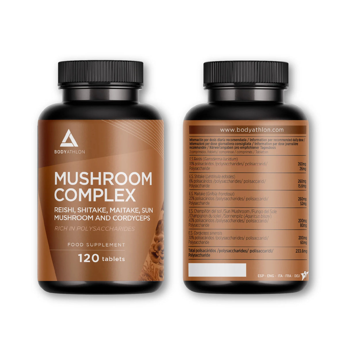 Mushroom Complex 120 comprimidos- Reishi shitake y maitake+ Champiñon del Sol+ Cordyceps| Hongos adaptógenos- Estrés, memoria y concentración- Complejo Super Hongos con Polisacaridos- Bodyathlon