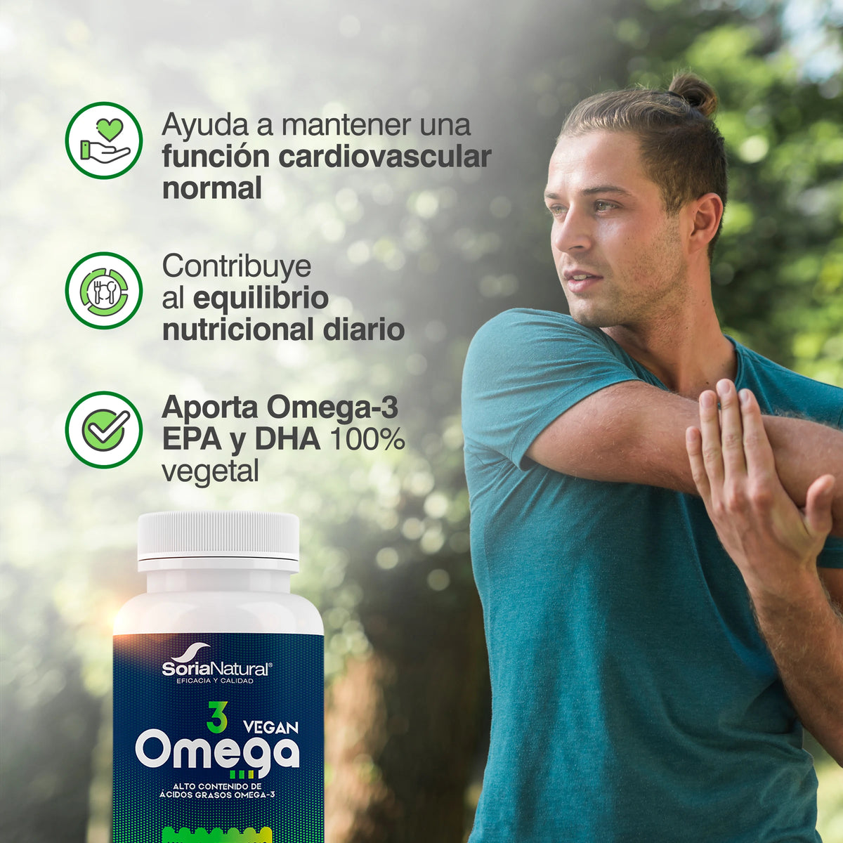 Omega-3 Vegano con EPA y DHA Soria Natural - Aceite de Microalga Schizochytrium - Con Vitamina E - Alto Contenido en Ácidos Grasos - Salud Cardiovascular - 60 perlas de 724,5 mg.