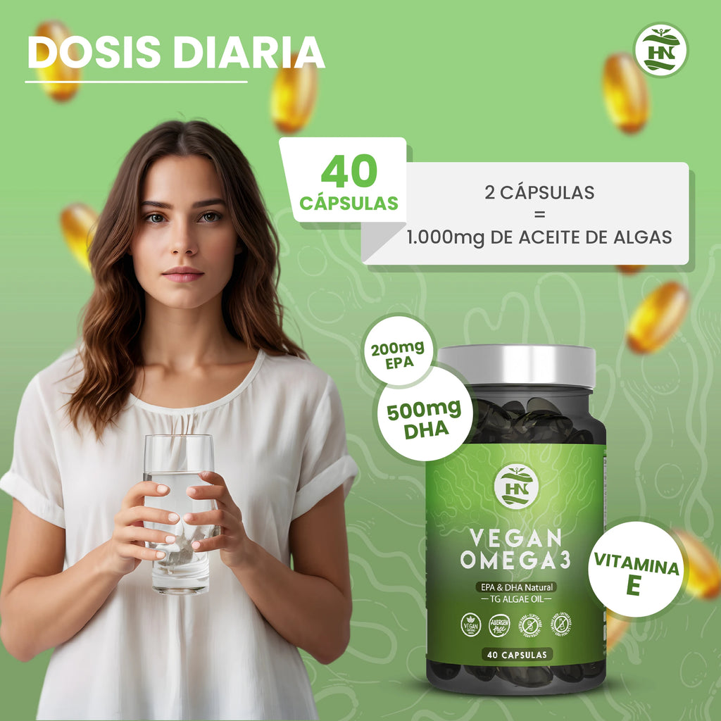 HN Healthy Nutrition Omega 3 Vegano (Aceite de Algas) EPA & DHA - 40 Cápsulas Blandas - Complemento Alimenticio