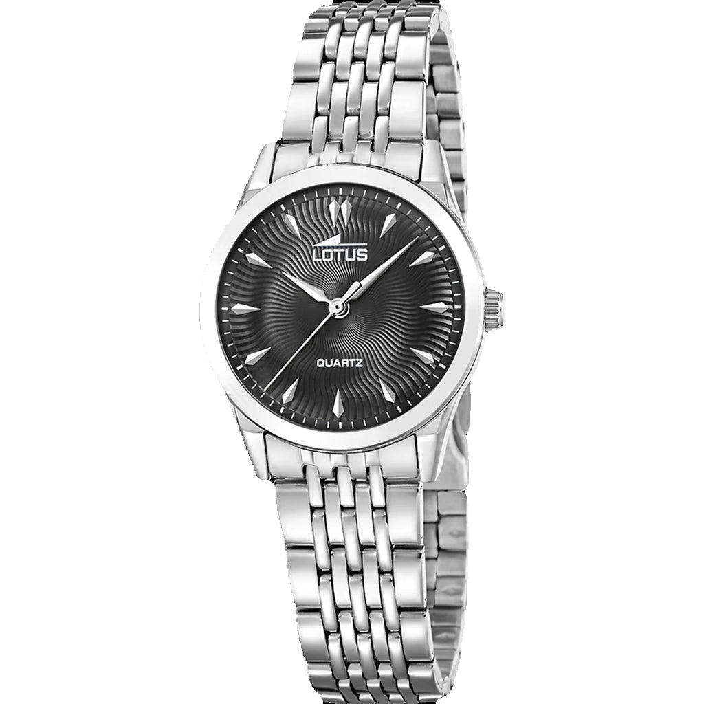 Reloj Lotus para mujer, colección Classic Steel, acero inoxidable, caja de 30,5 mm, esfera negra brillante, resistente al agua 5 ATM, diseño elegante con cierre de pulsador, perfecto para cualquier ocasión.