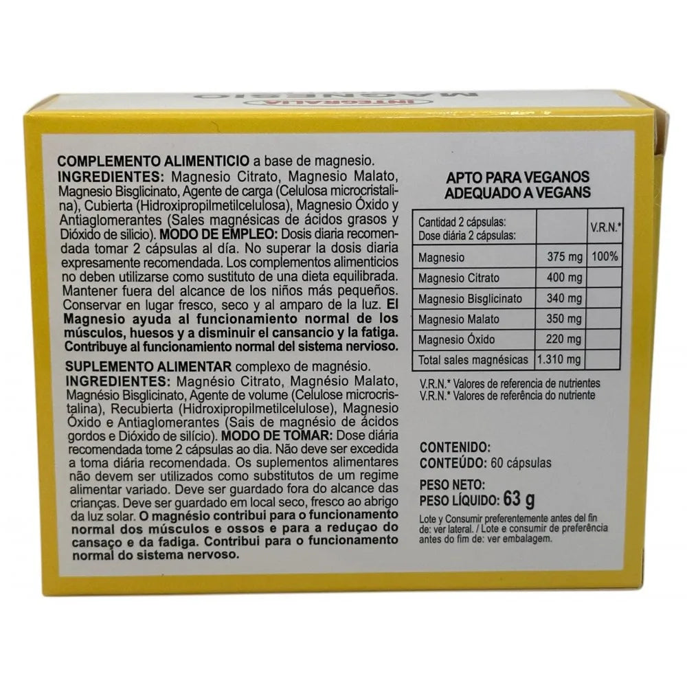 MAGNESIO COMPLEX (Citrato-Bisglicinato-Malato-Oxido) 60 cápsulas de Integralia