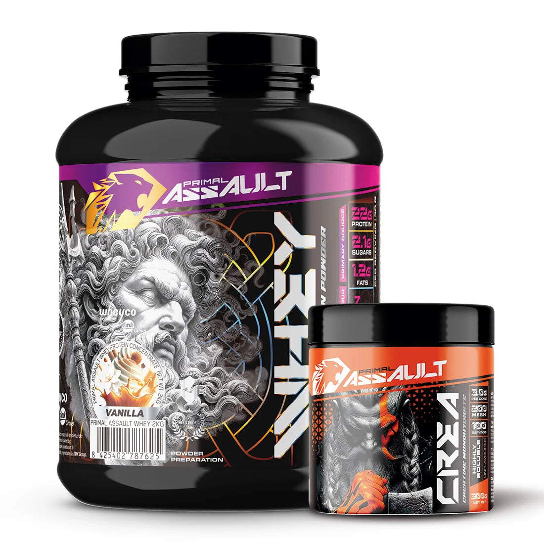PRIMAL ASSAULT |  Pack de Proteina WHEY 2KG + Creatina en Polvo Sin Sabor 300g