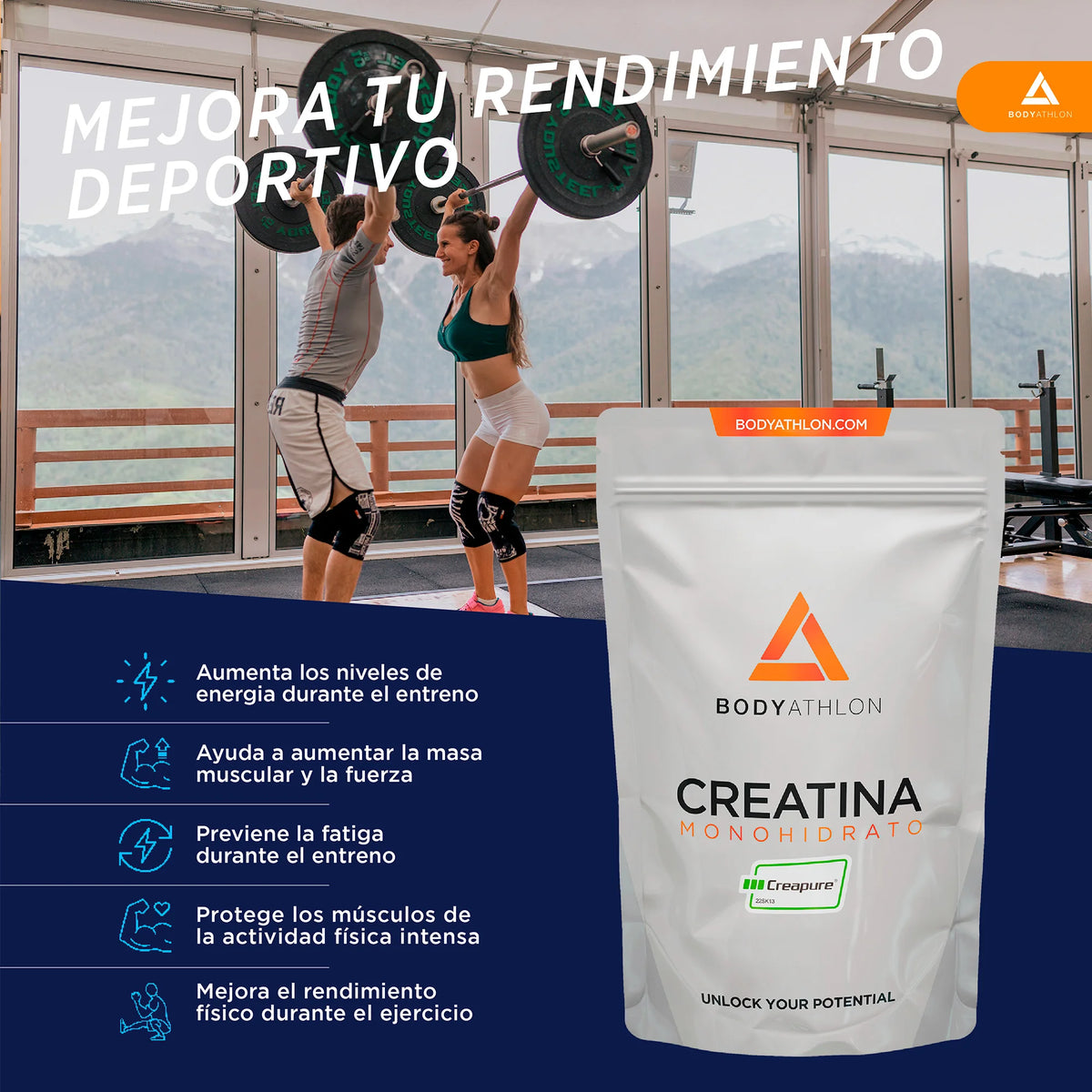 Bodyathlon - Creatina CREAPURE Polvo 500g- 166 Porciones- Calidad garantizada- 3000mg Creatina Monihidratada Creapure en polvo pura- Aumenta tu masa muscular- Sin sabor- Con dosificador