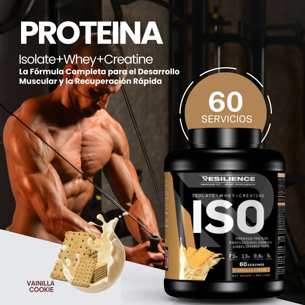 Resilience- Proteina Whey con Creatina - Proteína Con BCAA y GLUTAMINA - para Fuerza, Volumen y Recuperación Vainilla Coockie 1.8 KG