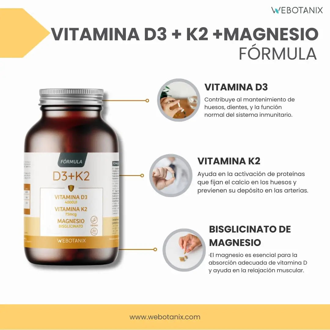 WeBotanix  Fórmula Vitamina D3 y K2 4000 UI con Magnesio  Colecalciferol, Menaquinona-7 y Bisglicinato de Magnesio  Alta Absorción  60 Cápsulas  Salud Ósea, Muscular e Inmunitaria  Vegano