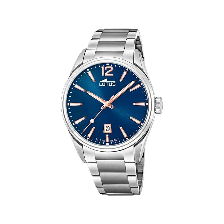 Reloj Lotus para hombre con esfera azul - Colección Chrono, caja y correa de acero inoxidable, diámetro de 42 mm, resistente al agua 10 ATM, indicador de fecha, movimiento automático, estilo elegante para hombre.