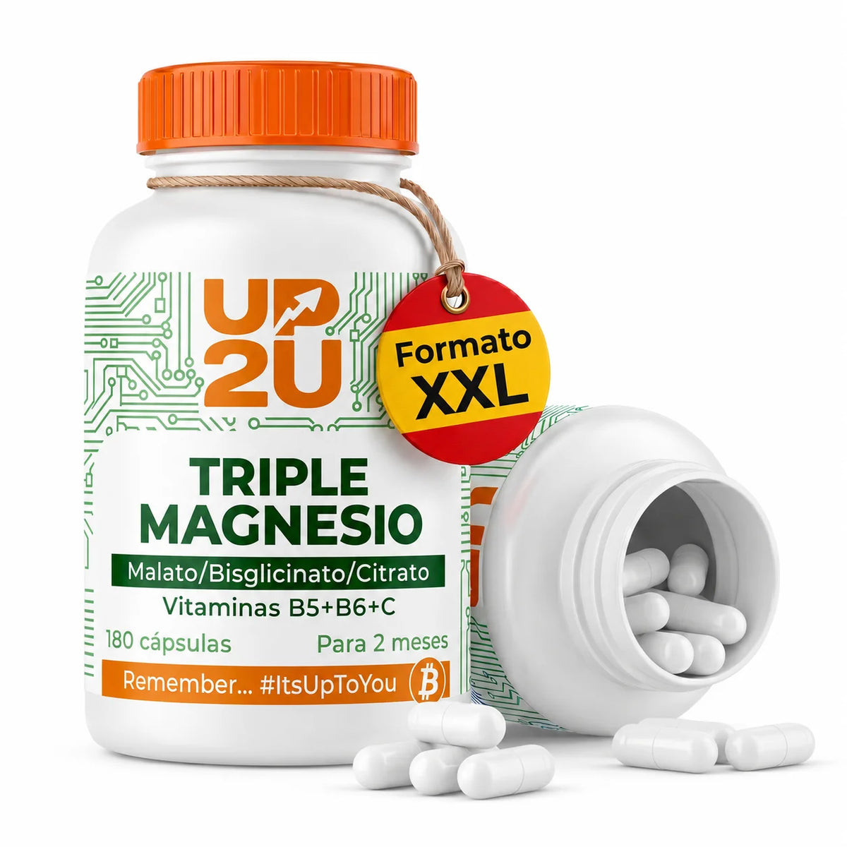 Magnesio Triplex con Malato, Bisglicinato y Citrato, Vitaminas B5, B6 y C, UP2U Nutrition, 180 Cápsulas, 2 Meses de Suministro
