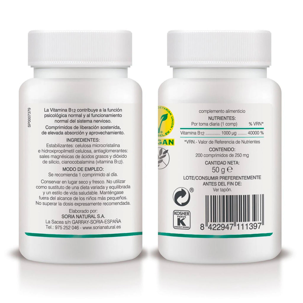 Vitamina B12 1000μg Soria Natural - 200 comprimidos para +6 Meses