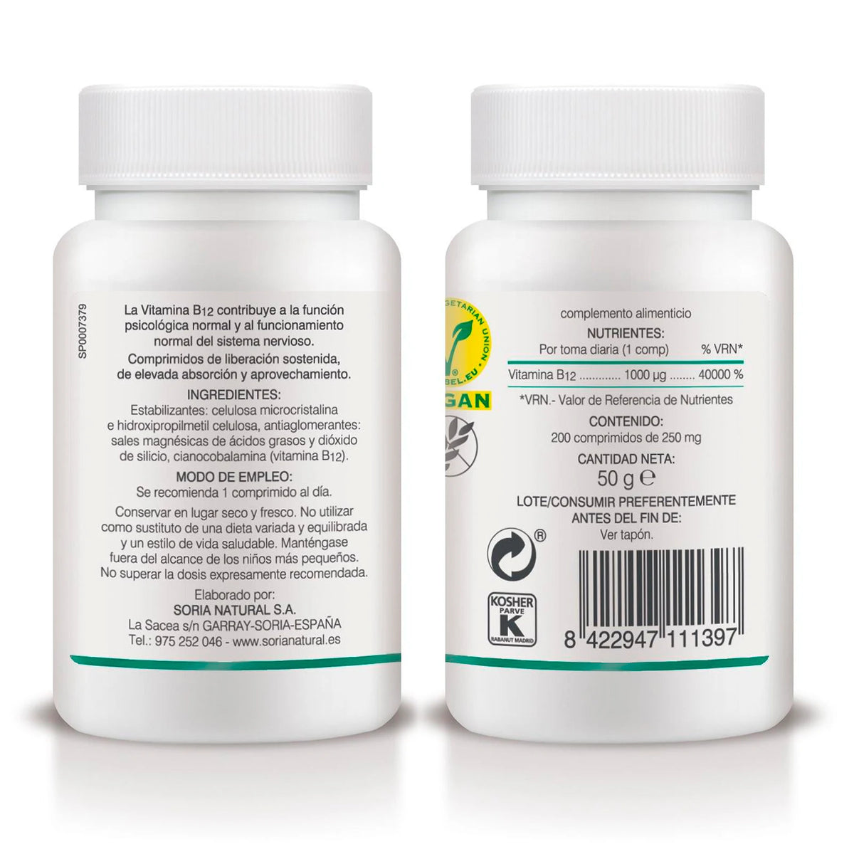 Vitamina B12 1000μg Soria Natural - 200 comprimidos para +6 Meses