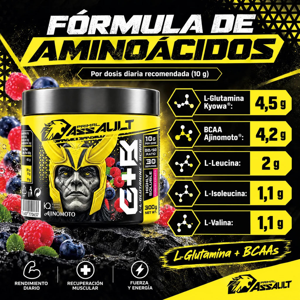 PRIMAL ASSAULT | BOTELLA L-Glutamina + BCAA en Polvo, 300 g, Frutos del Bosque