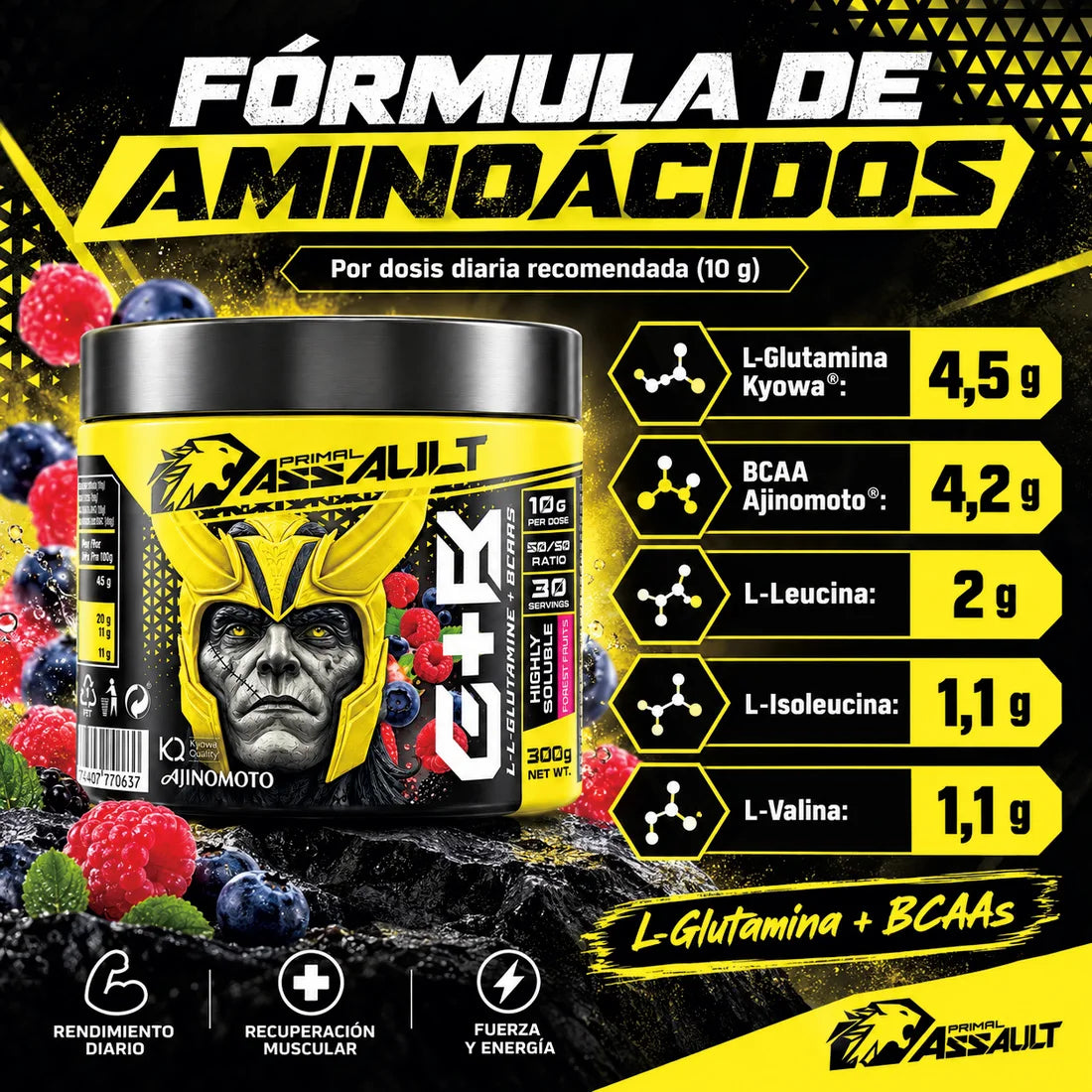 PRIMAL ASSAULT | BOTELLA L-Glutamina + BCAA en Polvo, 300 g, Frutos del Bosque