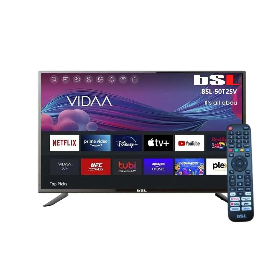 Bsl-50t2sv Smart TV Vidaa de 50 pulgadas, RJ45, resolución UHD 3840x2160p, USB, DVB-T2/S2/C, compatible con YouTube, Netflix, Disney+, DAZN, Prime, HDMI [clase energética E], mando a distancia con botones de acceso directo.