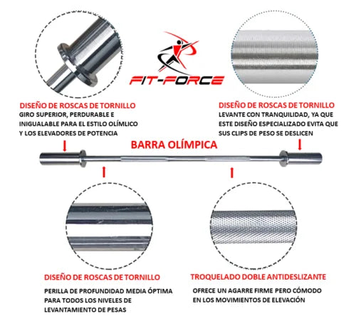 Barra Olímpica Cromada de Alta Carga marca Fit-Force 1200mm - Ejercicios de Musculación