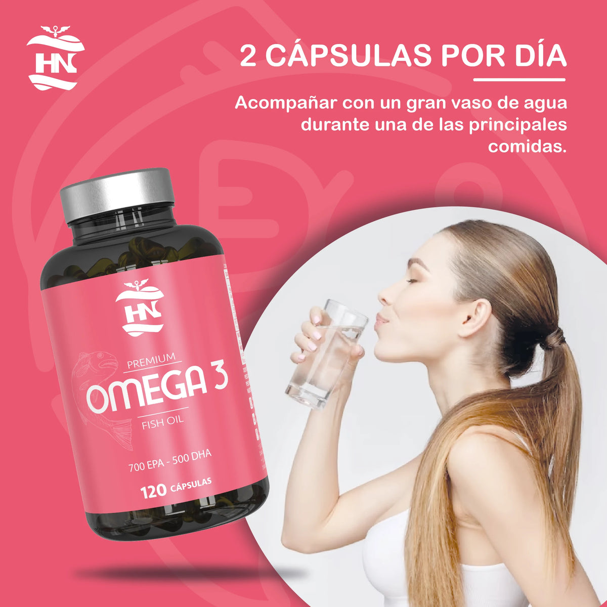 HN Healthy Nutrition Omega 3 Cápsulas 2000 mg - 120 Perlas Blandas con Aceite de Pescado y Vitamina E - Omega 3 con EPA (Ácido Eicosapentaenoico) y DHA (Ácido Docosahexaenoico) - 700 mg EPA y 500 mg DHA