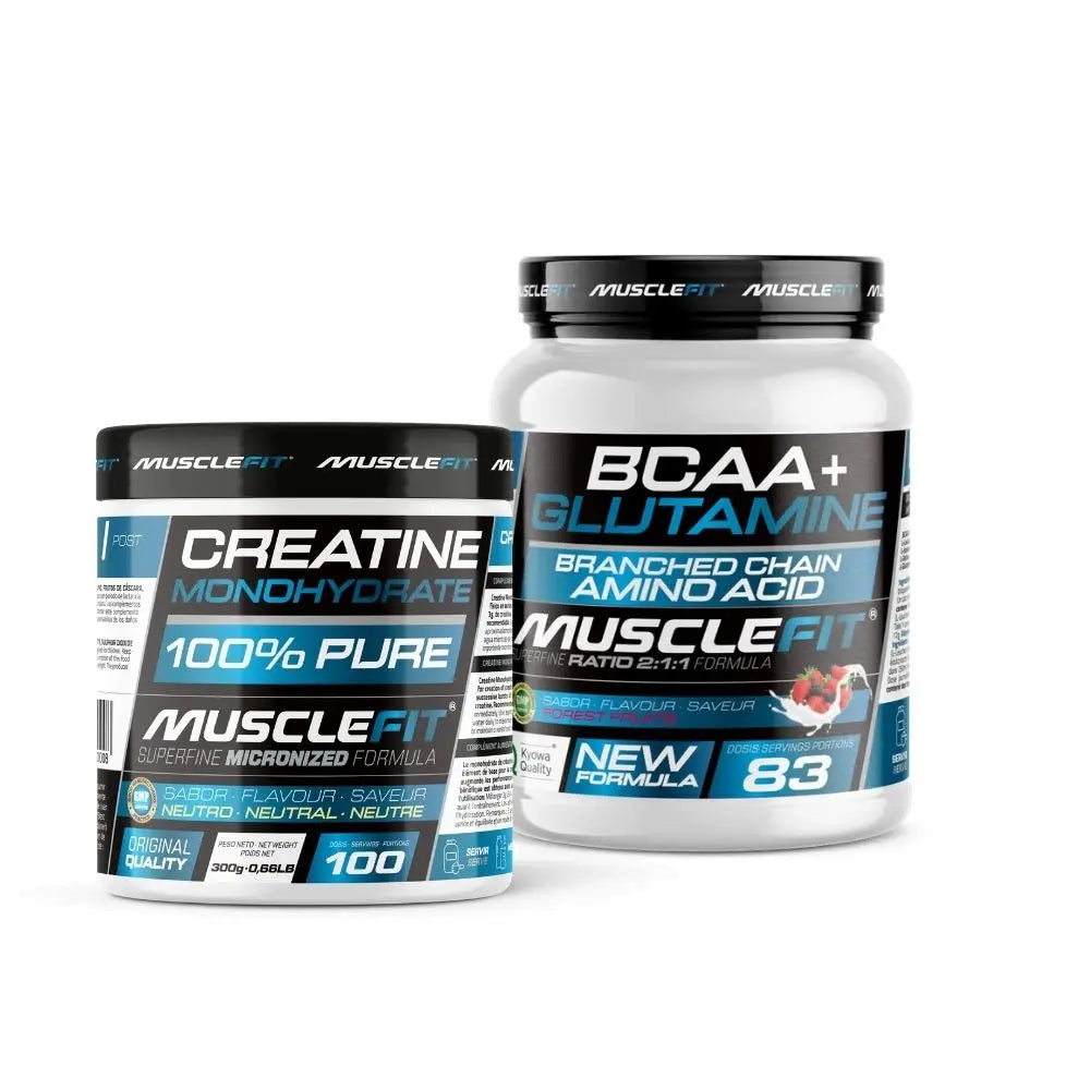 MUSCLEFIT Pack Ahorro Glutamina + Bcaa´s 500g - Varios Sabores + Creatina Monohidrato 300g - Sin Sabor