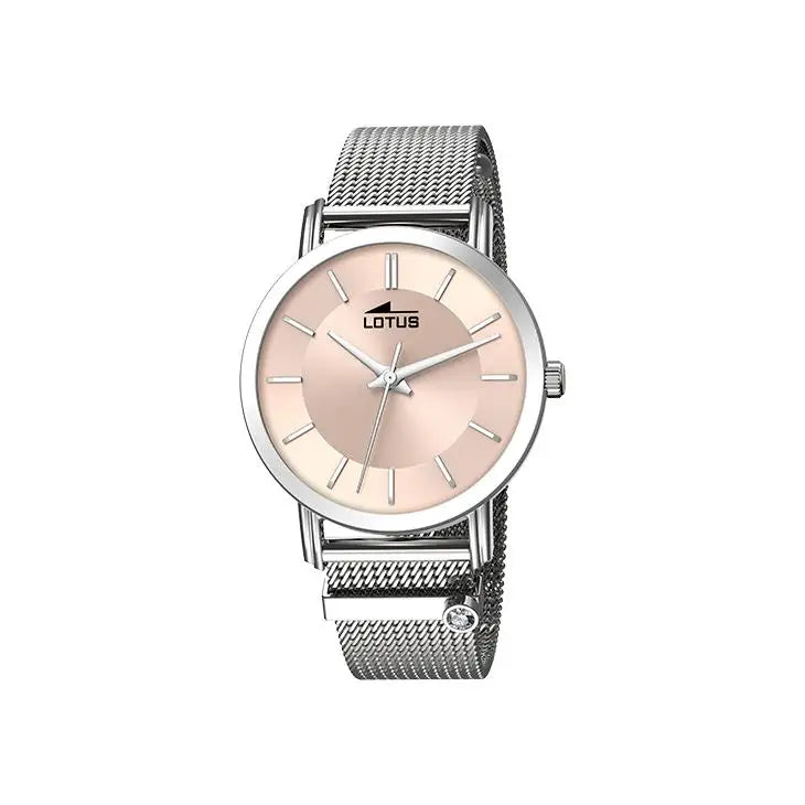 Reloj Lotus para mujer, color salmón, moderno, con correa de malla milanesa de acero inoxidable, caja de 34 mm de diámetro, estilo urbano y elegante. Perfecto como reloj de mujer para el uso diario.