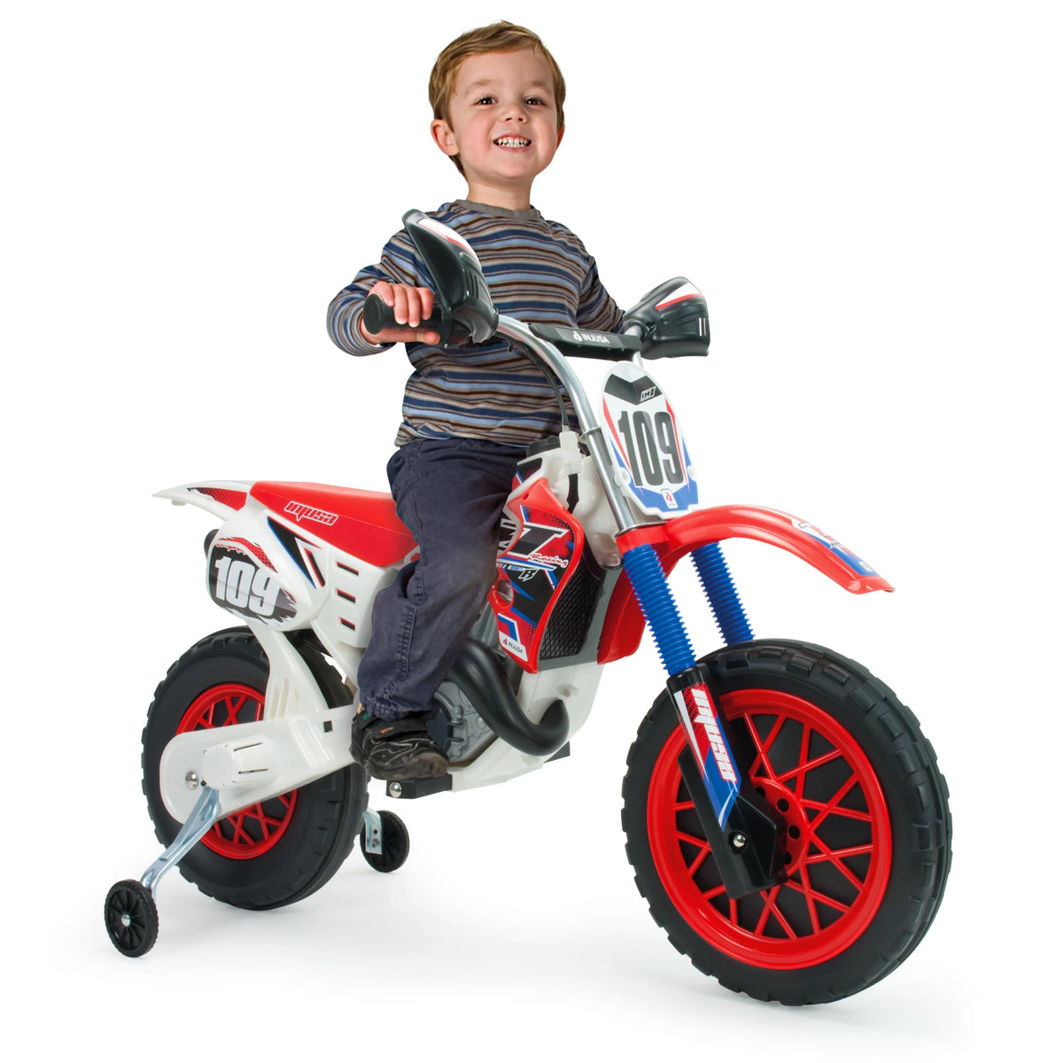 Injusa - cross cr children's electric motorcycle |   Battery motorcycle for children from 3 to 6 years |   6v battery |   Grip throttle |   Eva rubber bands on wheels |   Stabilizing wheels |   Max speed 6 km/h |   Green and