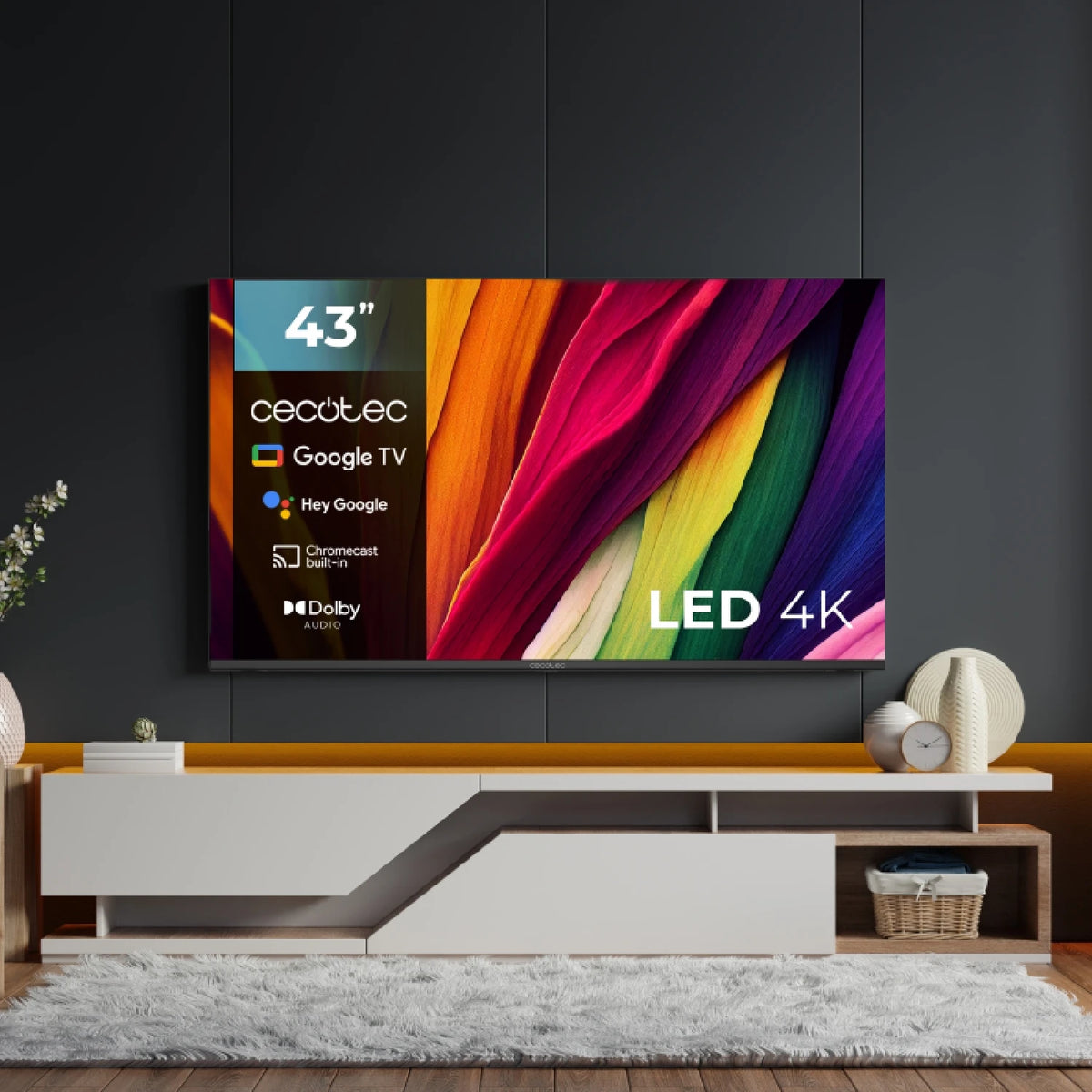 Cecotec smart tv, 43 inch led television 4k uhd resolution a4 series alu40043. google tv, dolby audio, hdmi 2.1, usb 3.0