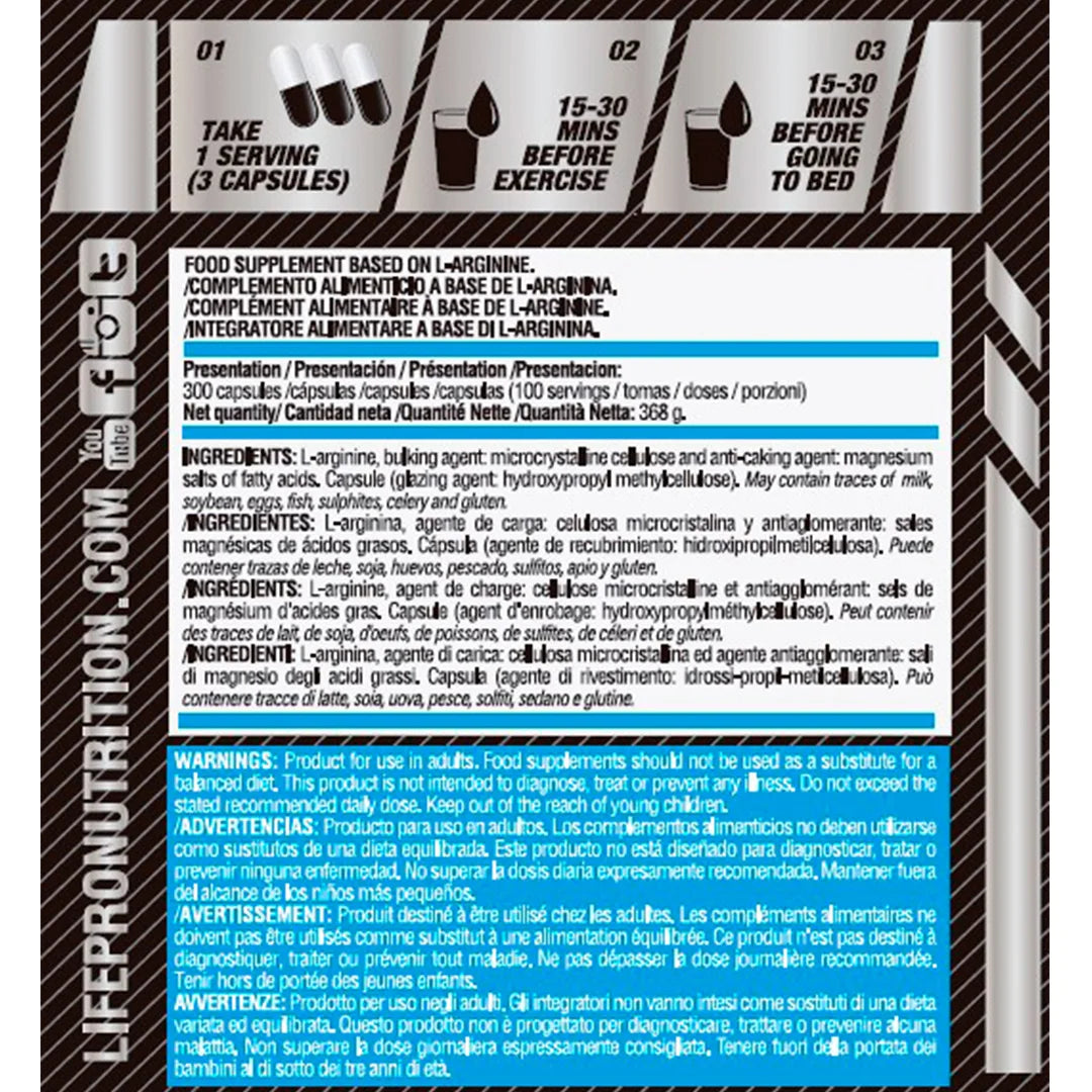 LIFE PRO NUTRITION ARGININE 300 CAPS - Optimiza el Metabolismo - Efecto Vasodilatador - Elimina Residuos Síntesis Proteica