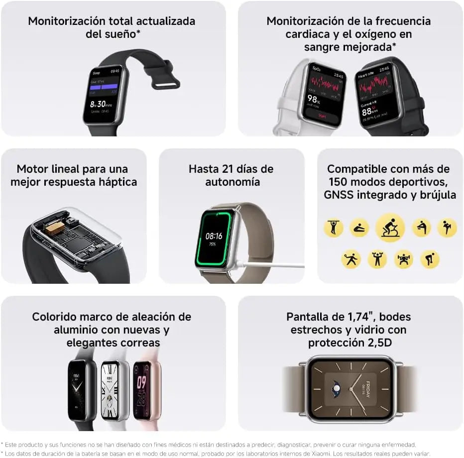 Xiaomi Smart Band 9 Pro 1.74" AMOLED Smartwatch with GPS, Bluetooth 5.4, 150+ Sports Modes, Heart Rate & SpO₂ Monitoring, 21 Days Battery Life, Compatible with Android, Available in Black and Silver.