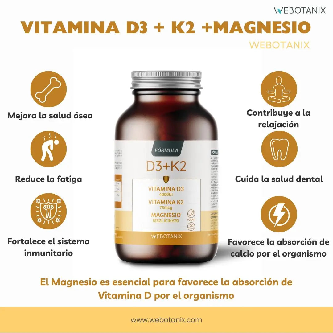 WeBotanix  Fórmula Vitamina D3 y K2 4000 UI con Magnesio  Colecalciferol, Menaquinona-7 y Bisglicinato de Magnesio  Alta Absorción  60 Cápsulas  Salud Ósea, Muscular e Inmunitaria  Vegano