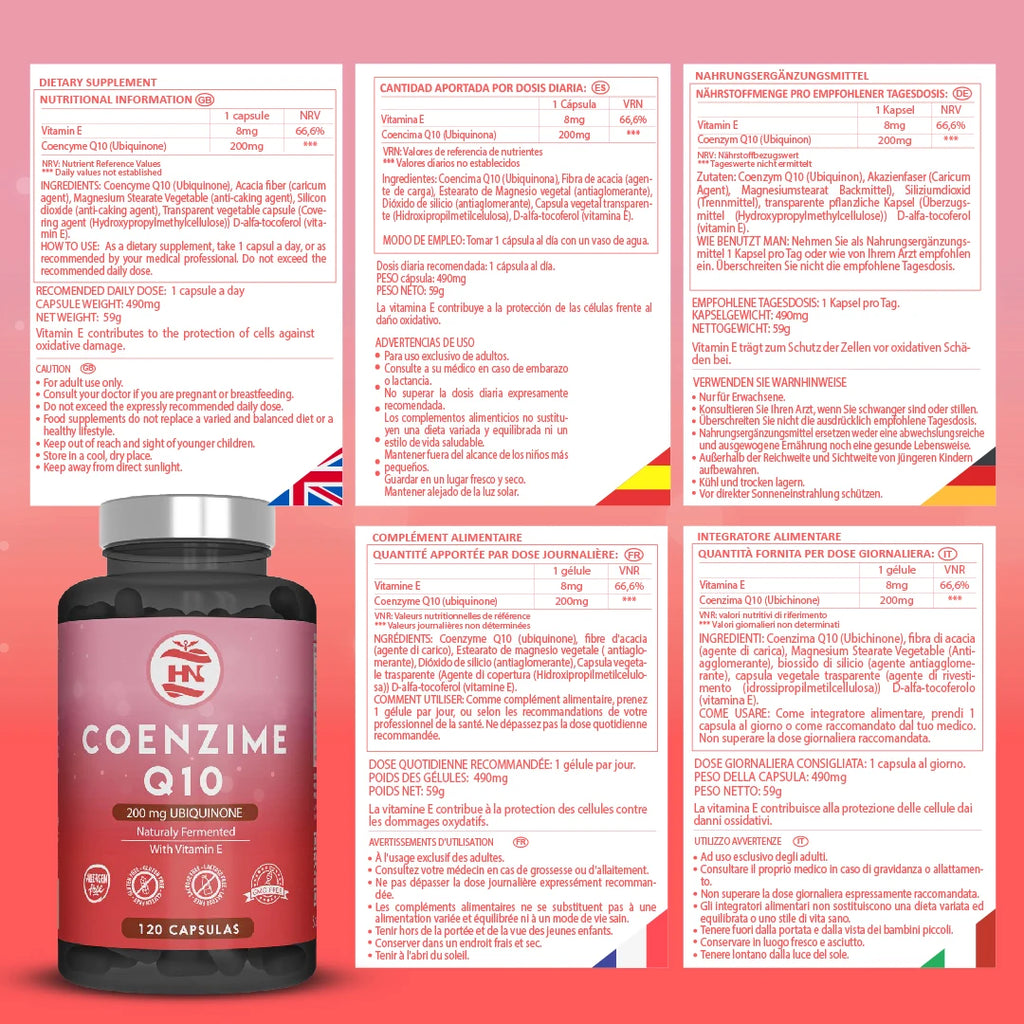 HN Healthy Nutrition Coenzima Q10 200mg + Vitamina E - 120 Cápsulas - Complemento Alimenticio