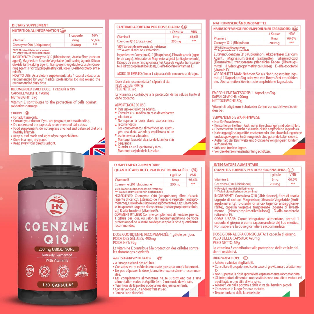 HN Healthy Nutrition Coenzima Q10 200mg + Vitamina E - 120 Cápsulas - Complemento Alimenticio