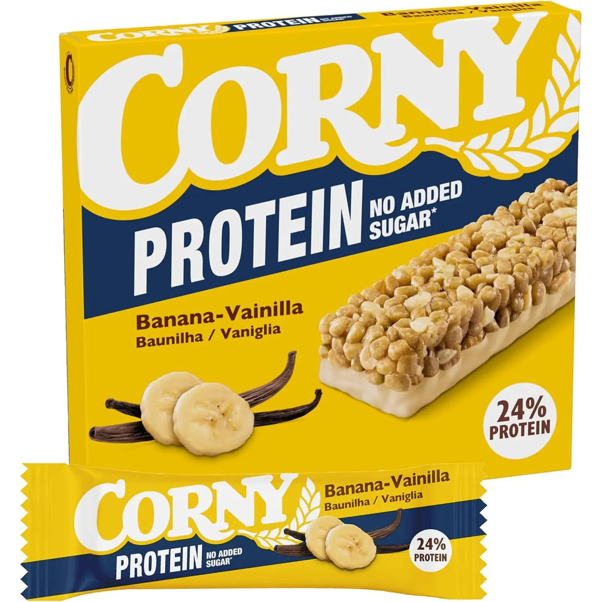 Barritas de Cereales Proteicas sabor Banana - Vainilla  24% Proteína, Sin Azúcar - Pack de 4 x 25 g- Corny
