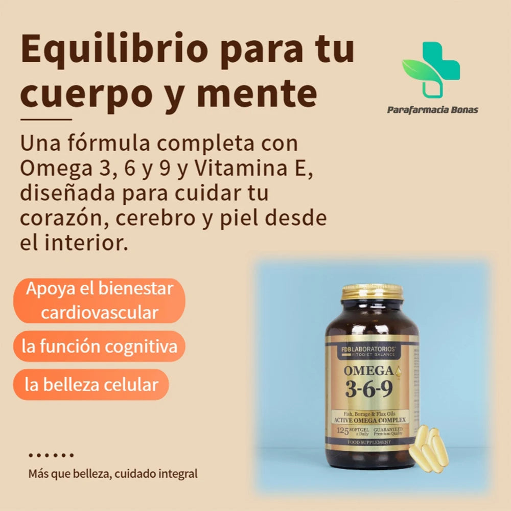 🎀FDB omega 3 6 9-Fish,Borage & Flax Oils active omega complex|Rich in vitamin E|125 cápsulas blandas