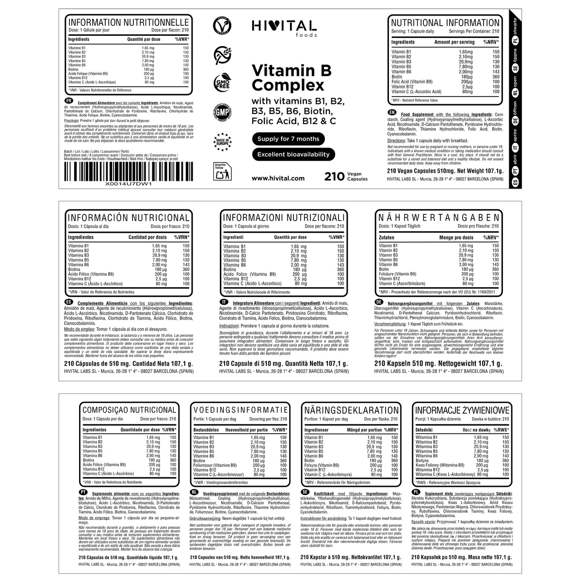 Vitamina B Complex | 210 cápsulas veganas. Hivital