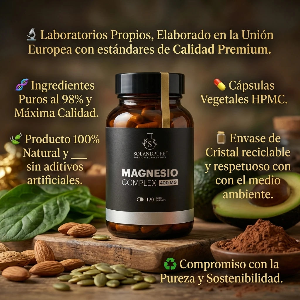 Magnesio Complex 750 mg – 120 Cápsulas Vegetarianas con 5 Formas de Magnesio (Bisglicinato, Citrato, Malato, Pidolato y Carbonato) para Energía, Sistema Nervioso y Reducción del Cansancio - Calidad Premium Solandpure®