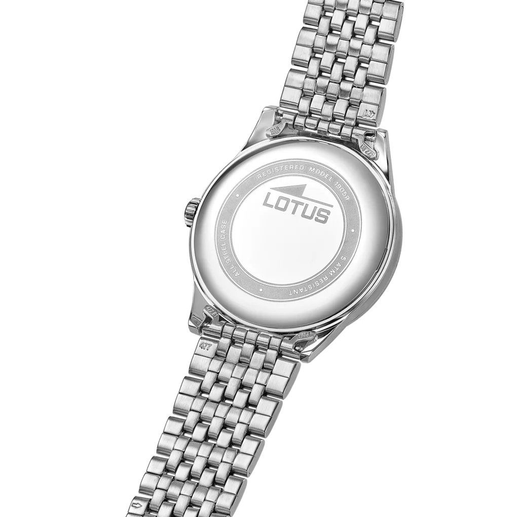 Reloj Lotus para mujer, colección Classic Steel, acero inoxidable, caja de 30,5 mm, esfera negra brillante, resistente al agua 5 ATM, diseño elegante con cierre de pulsador, perfecto para cualquier ocasión.